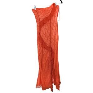 90s Silk Beaded Maxi Dress Formal Gown Orange Slit Ruffles Strapless Extra Small